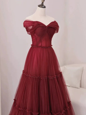 A Line Off The Shoulder Burgundy Tulle Floor Length Evening Dress Prom Dresses SD1612